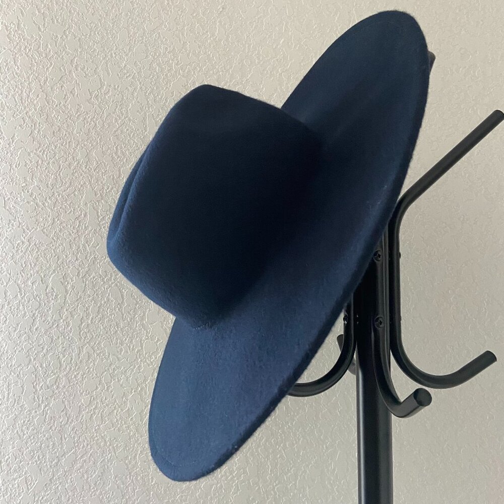 Chic Navy-Blue Wide Brim Fedora Hat- One Size Fits Most, Women's Wool Fedora Hat